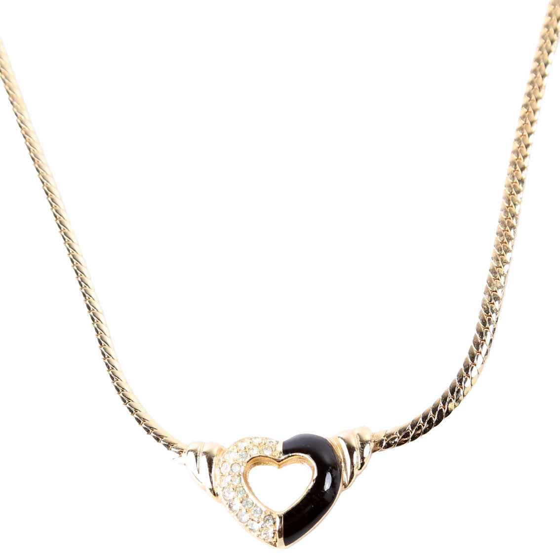 Vintage Snake Chain Heart Necklace with Rhinestones