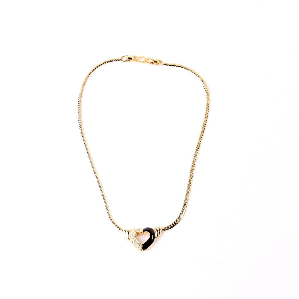 Vintage Snake Chain Heart Necklace with Rhinestones