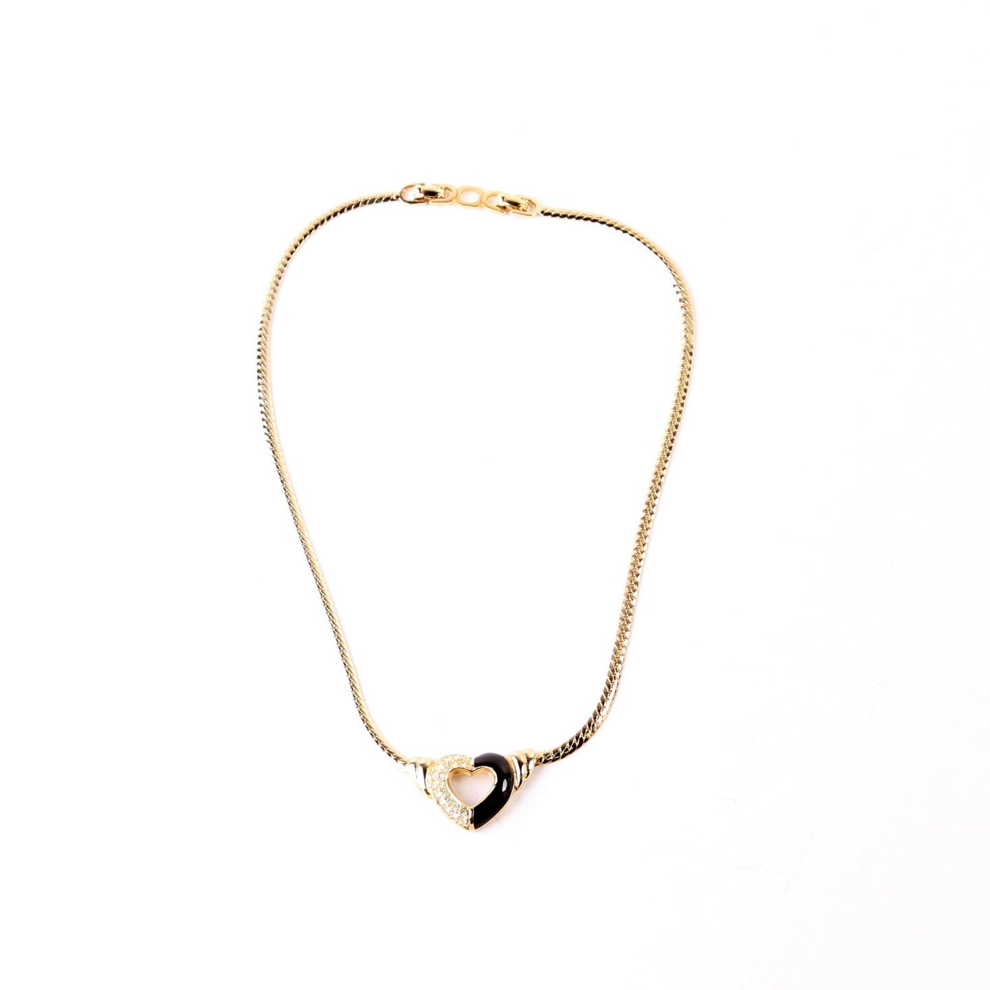 Vintage Snake Chain Heart Necklace with Rhinestones