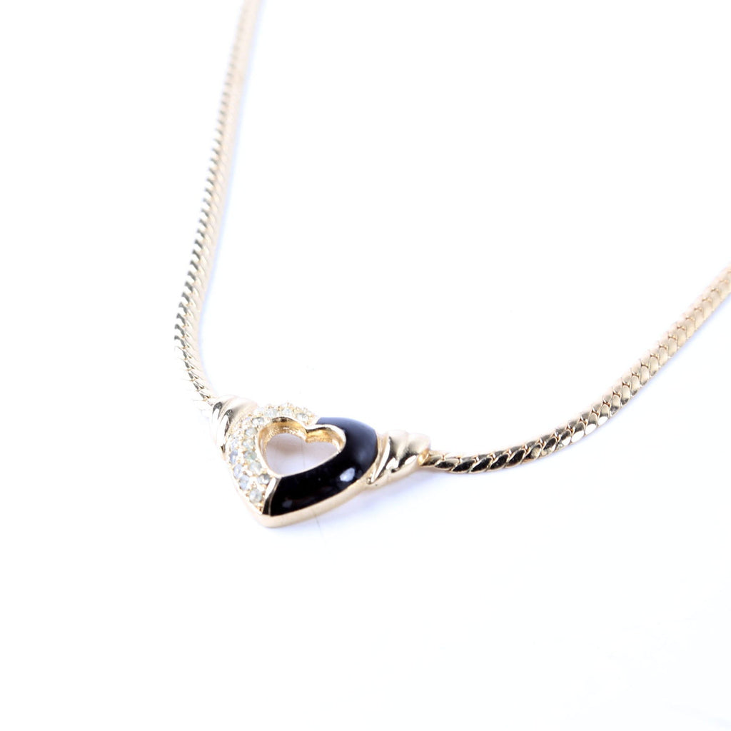 Vintage Snake Chain Heart Necklace with Rhinestones
