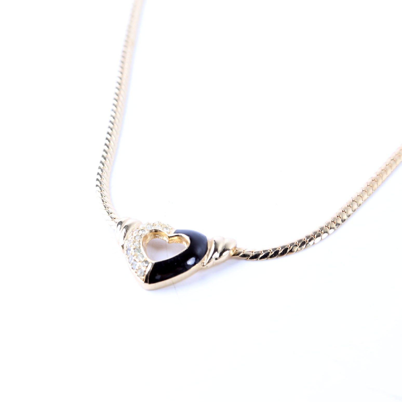 Vintage Snake Chain Heart Necklace with Rhinestones