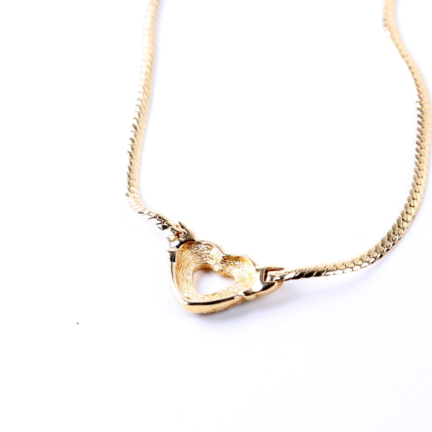 Vintage Snake Chain Heart Necklace with Rhinestones