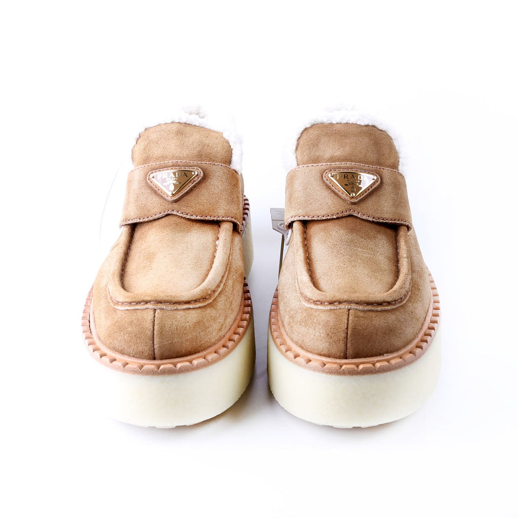 Suede/Shearling Platform Loafers Size 38.5 Tan