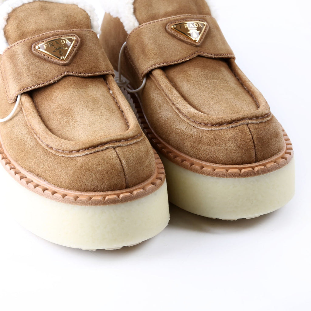 Suede/Shearling Platform Loafers Size 38.5 Tan