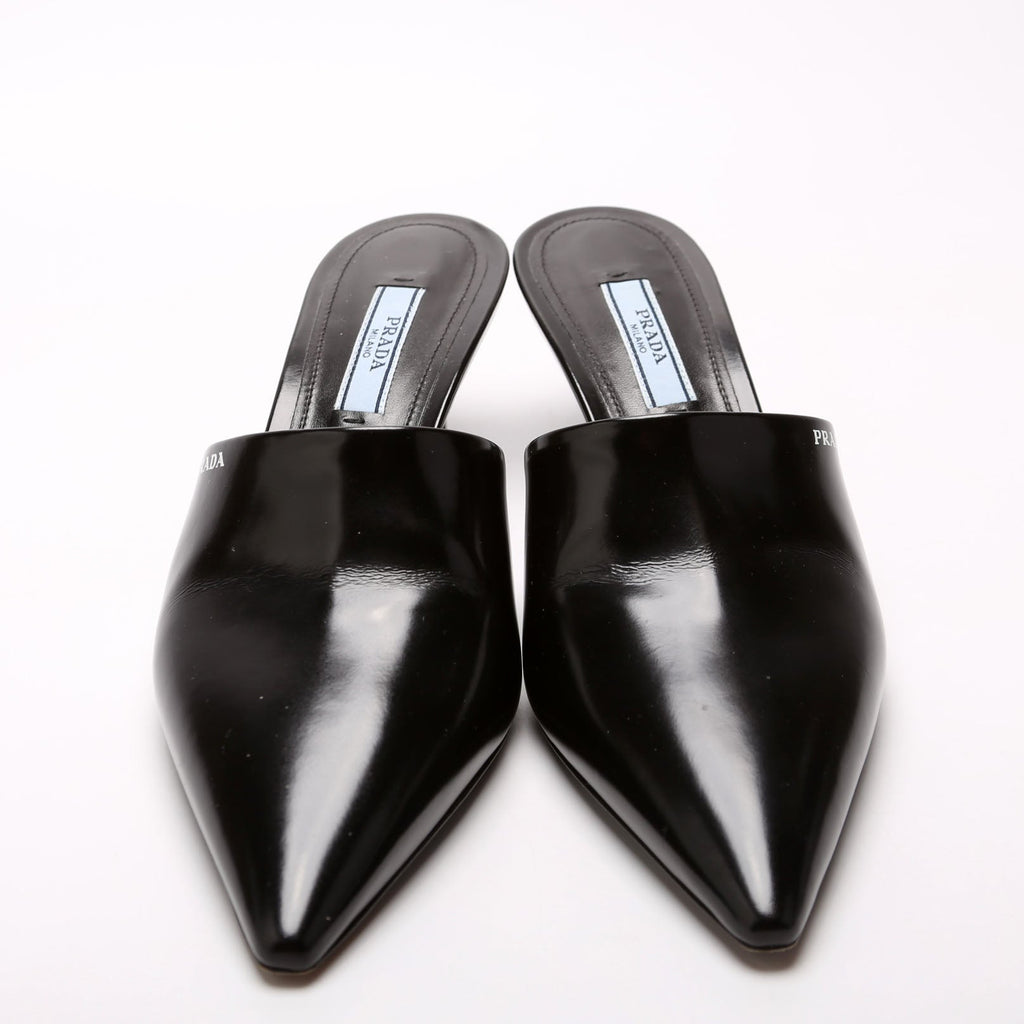 Pointed Toe Logo Heeled Mules Size 36.5 Black