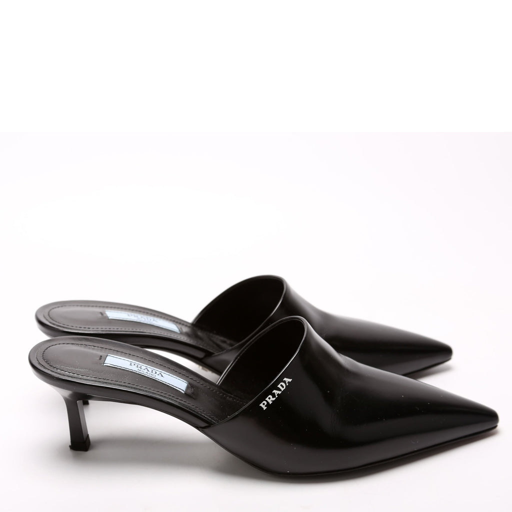 Pointed Toe Logo Heeled Mules Size 36.5 Black
