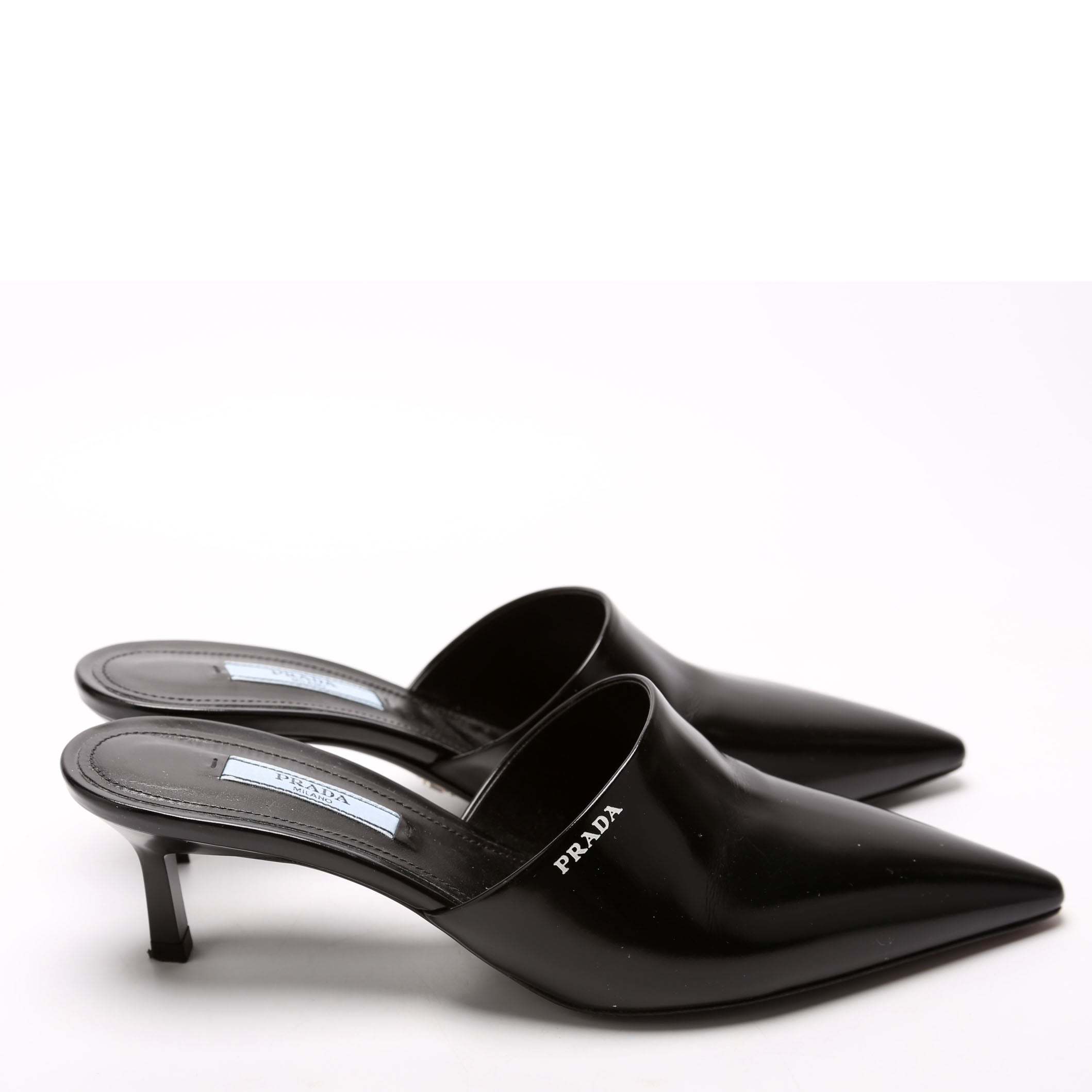 Pointed Toe Logo Heeled Mules Size 36.5 Black