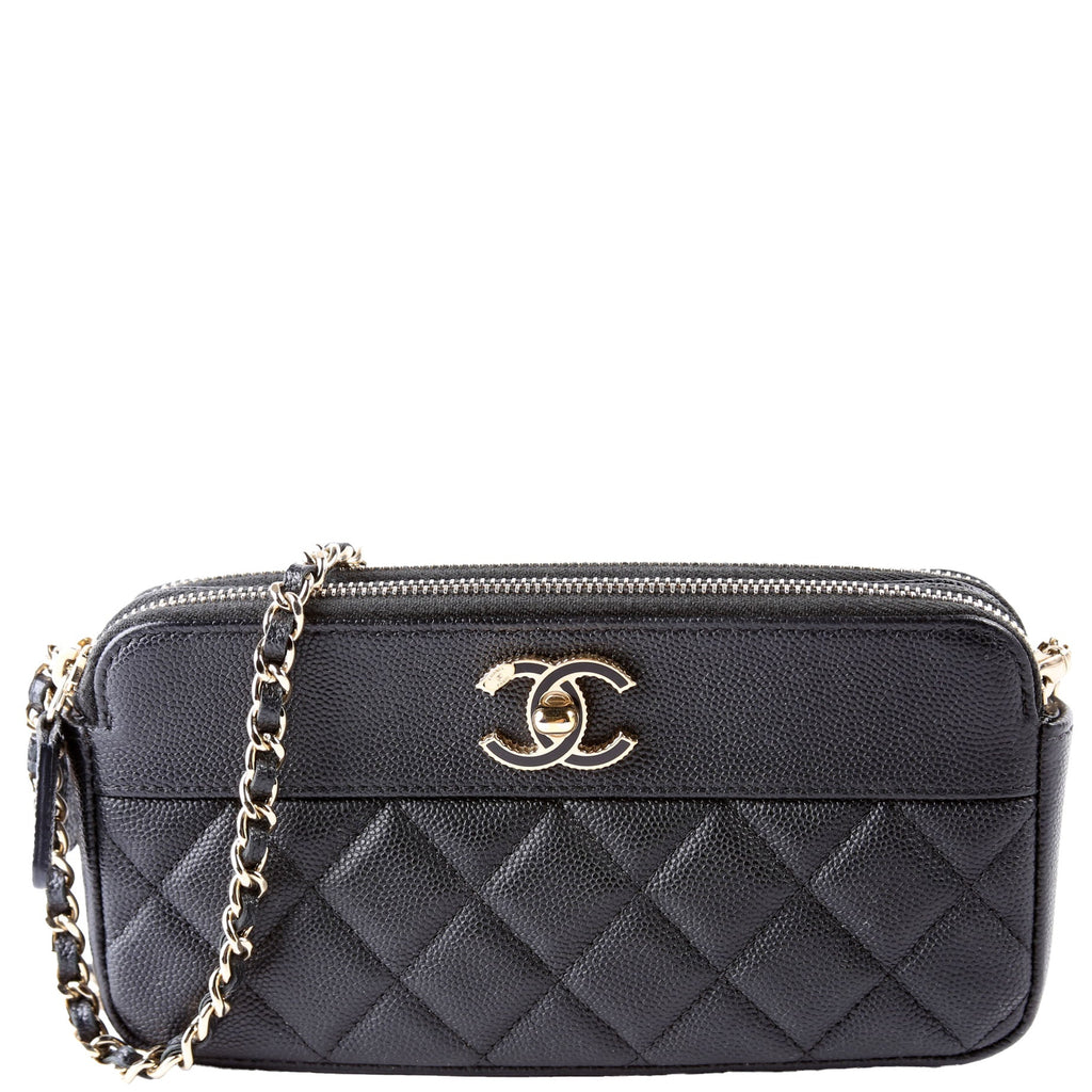 CC Double Zip Clutch With Chain Caviar Black