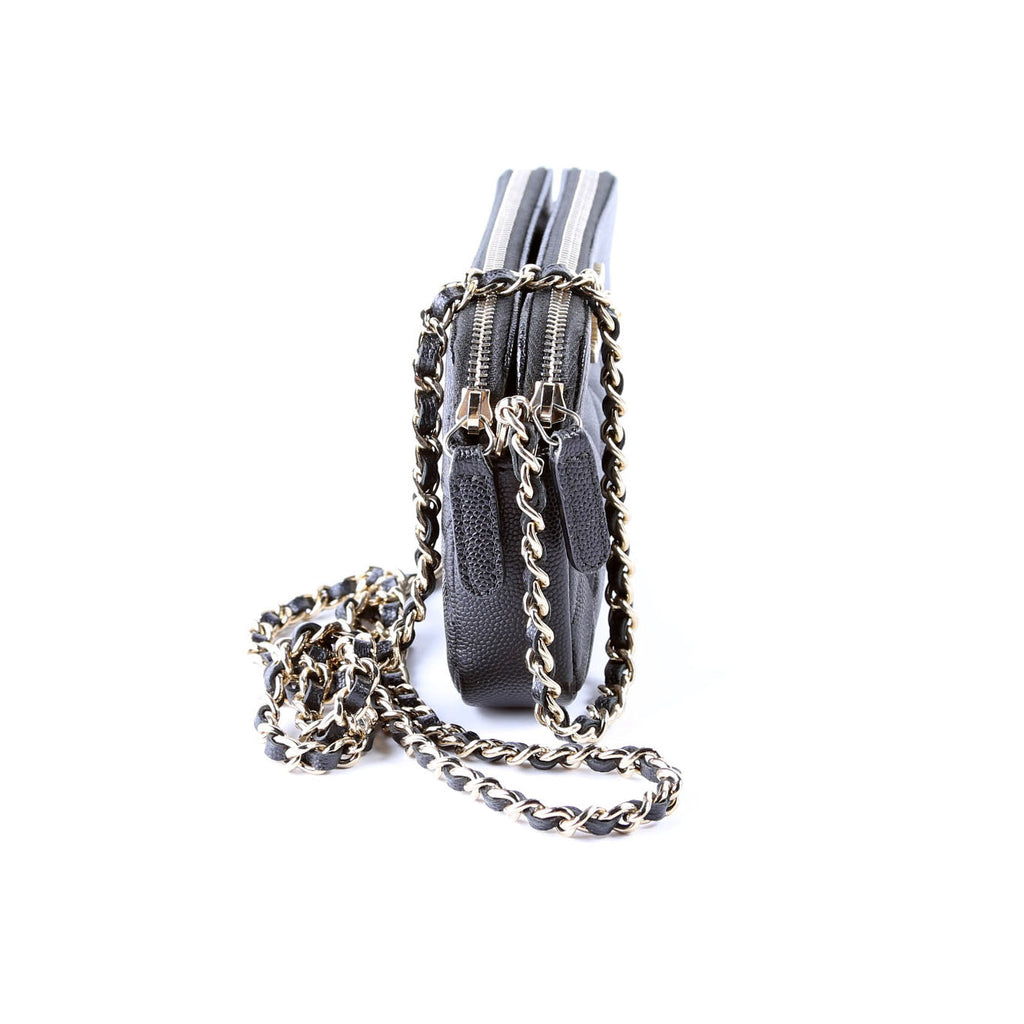 CC Double Zip Clutch With Chain Caviar Black