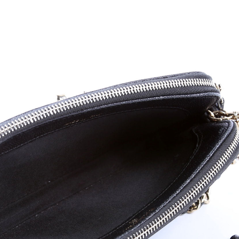 CC Double Zip Clutch With Chain Caviar Black