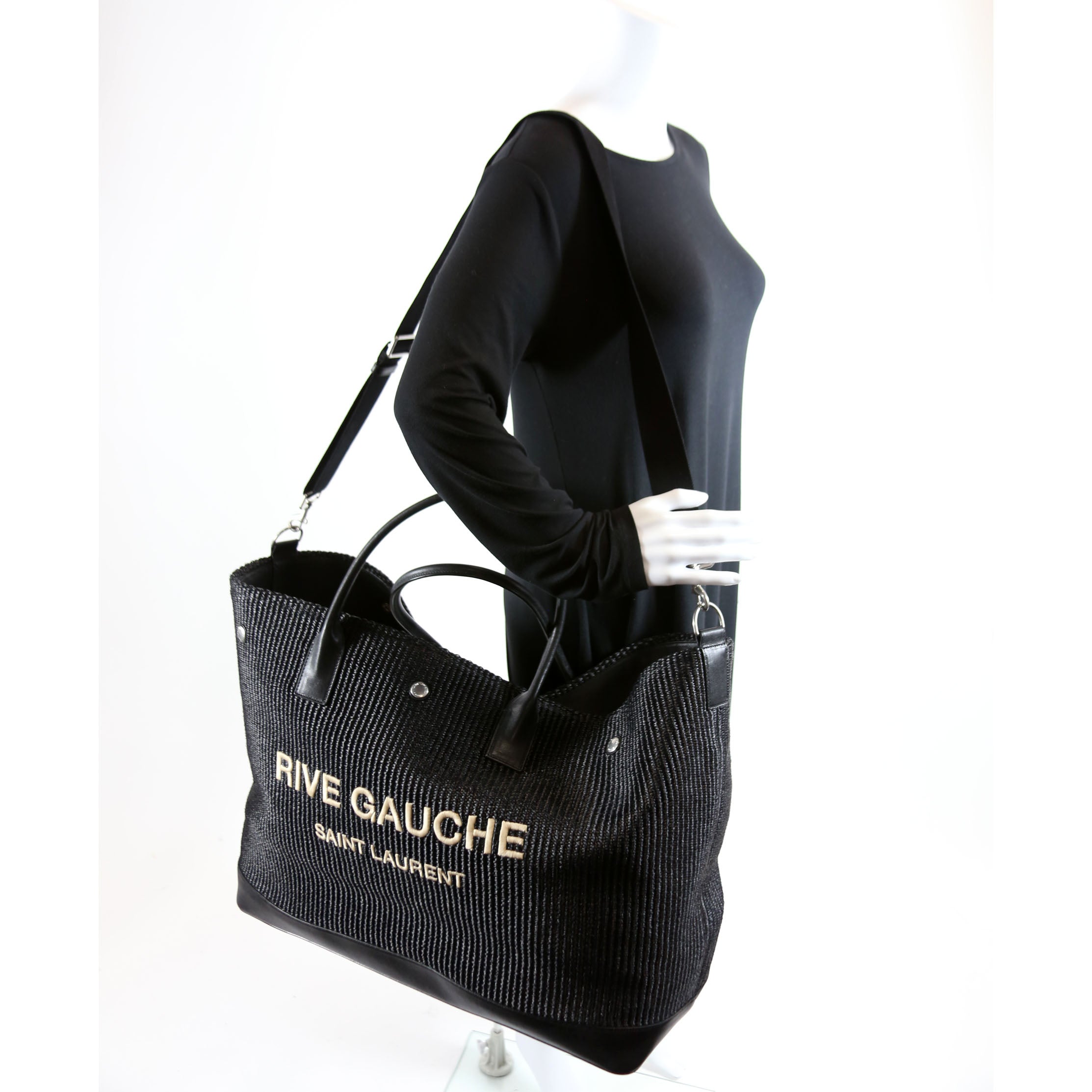 Rive Gauche Raffia Calfskin Maxi Tote 718554 Black
