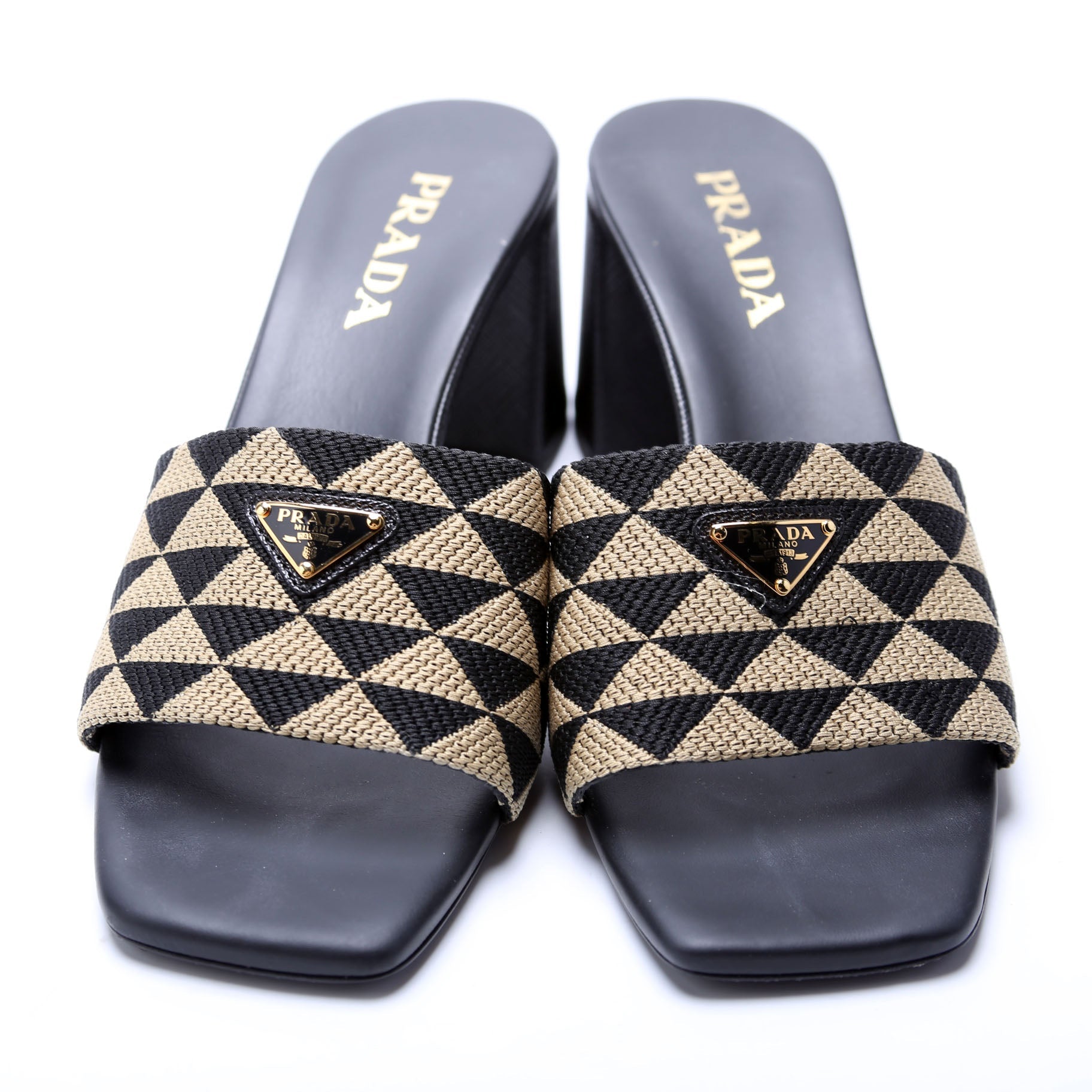 Triangle Logo Jacquard 65MM Sandals Size 40 Tan/Black