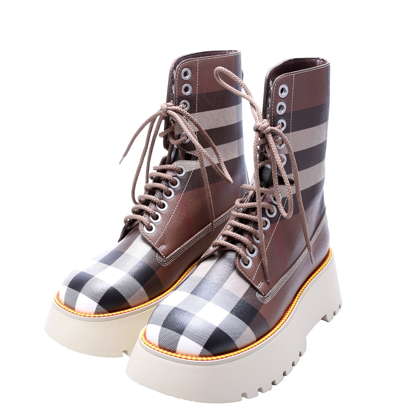 Exaggerated Check Platform Boots Size 38.5 Brown