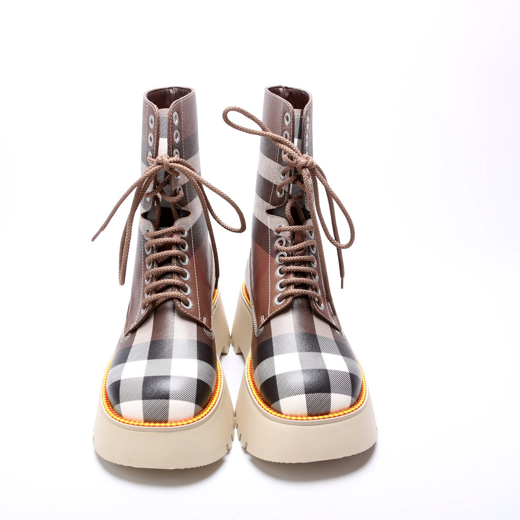 Exaggerated Check Platform Boots Size 38.5 Brown