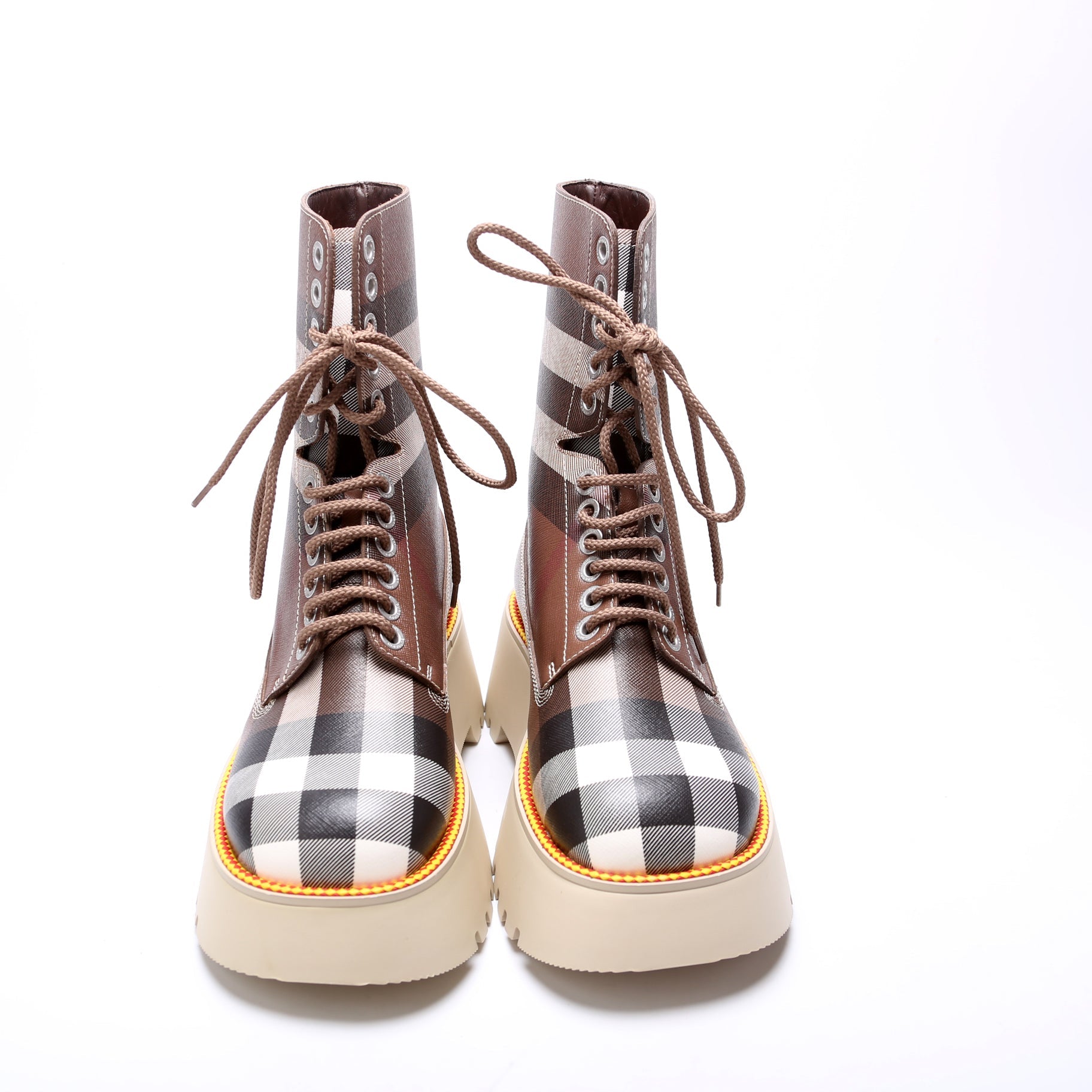 Exaggerated Check Platform Boots Size 38.5 Brown
