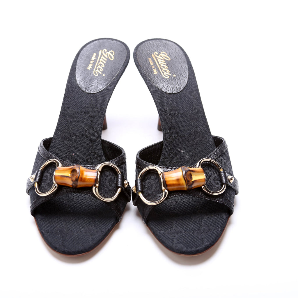 GG Canvas Horsebit Bamboo Mules Size 6 Black