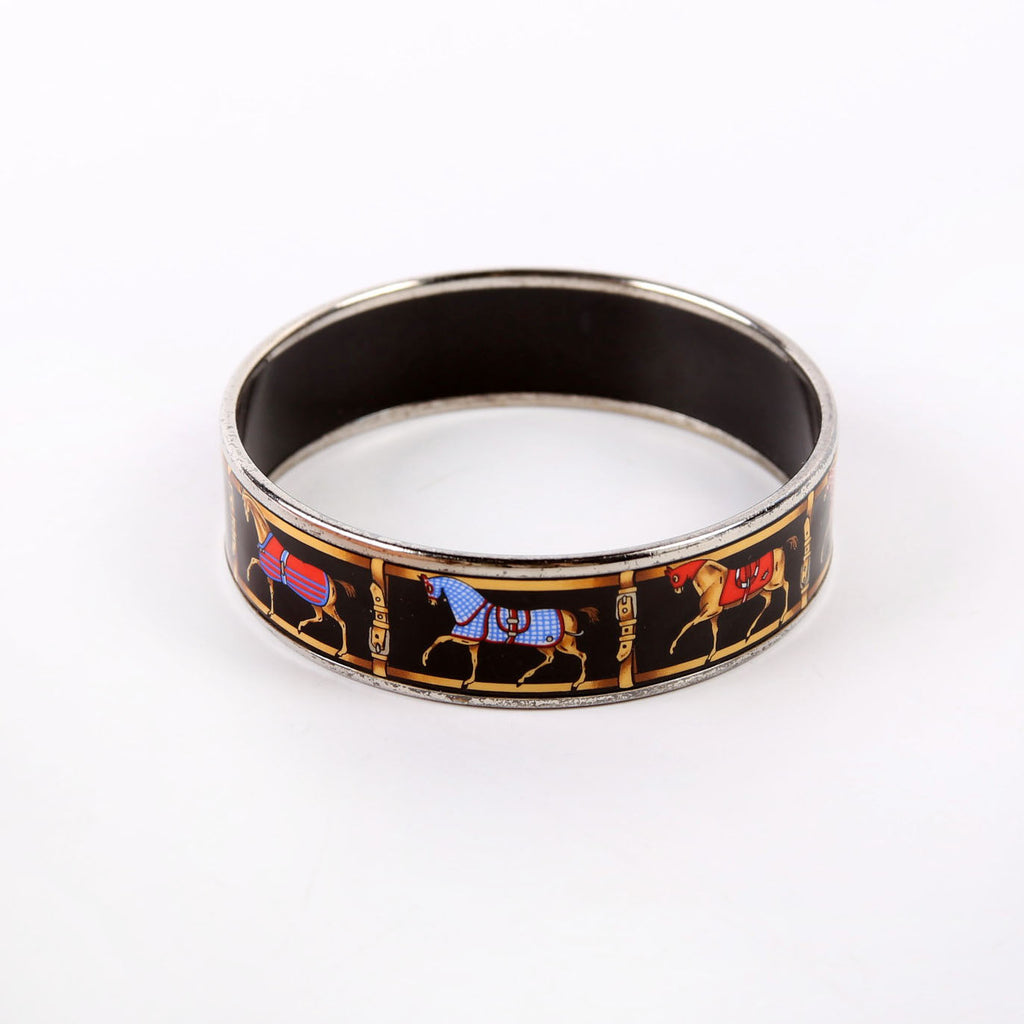 Horse Riding Printed Enamel Wide Bangle Bracelet Black/Multicolor