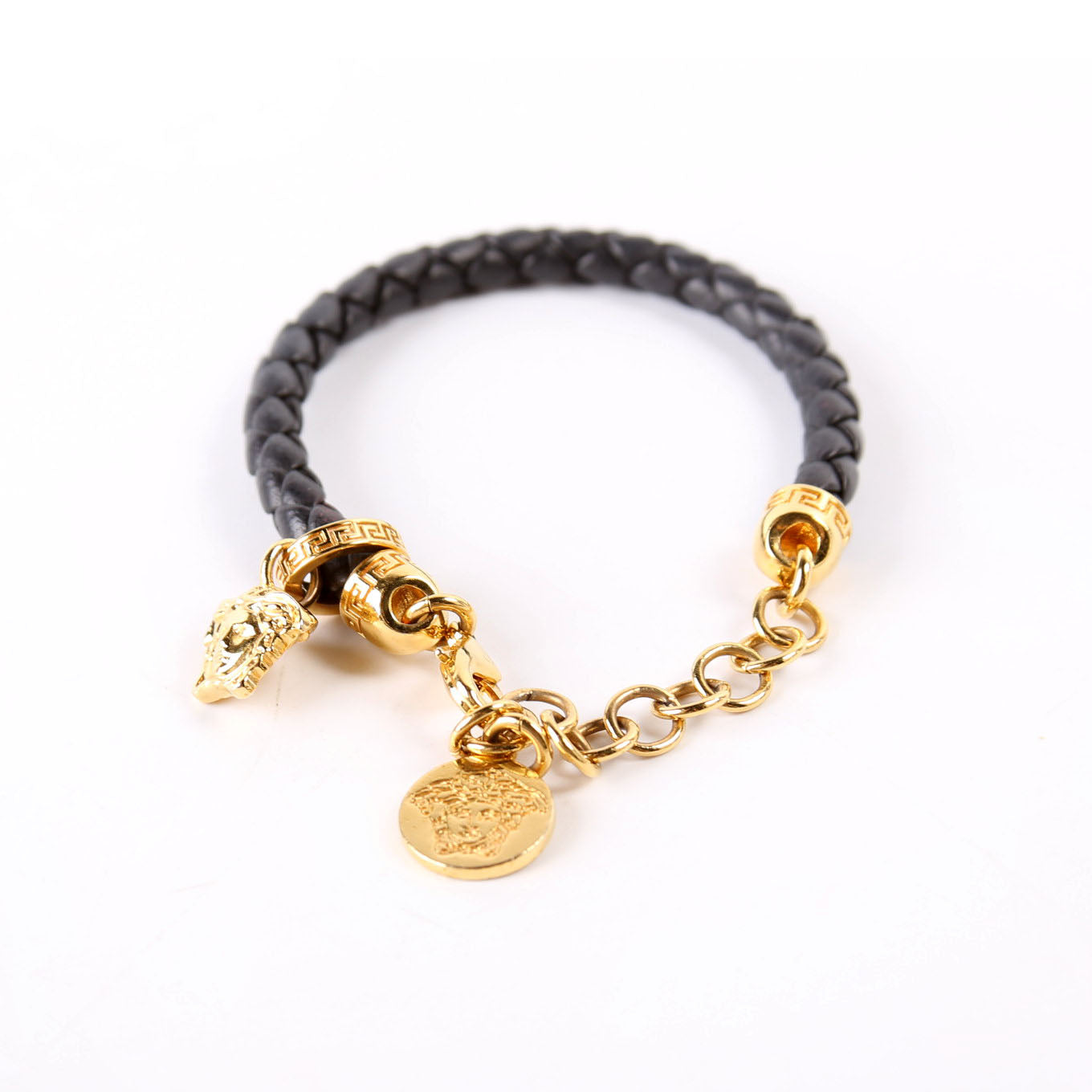 Medusa Braided Leather Bracelet Black/Gold