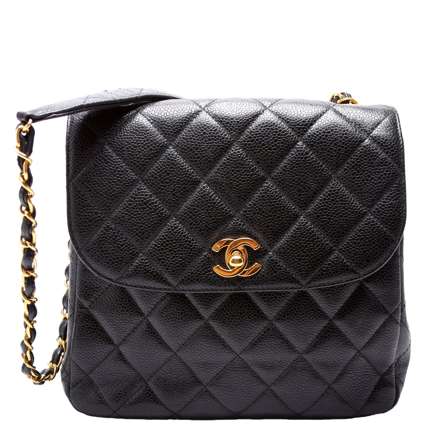 CC Square Flap Shoulder Bag Quilted Caviar Vintage 4M Black