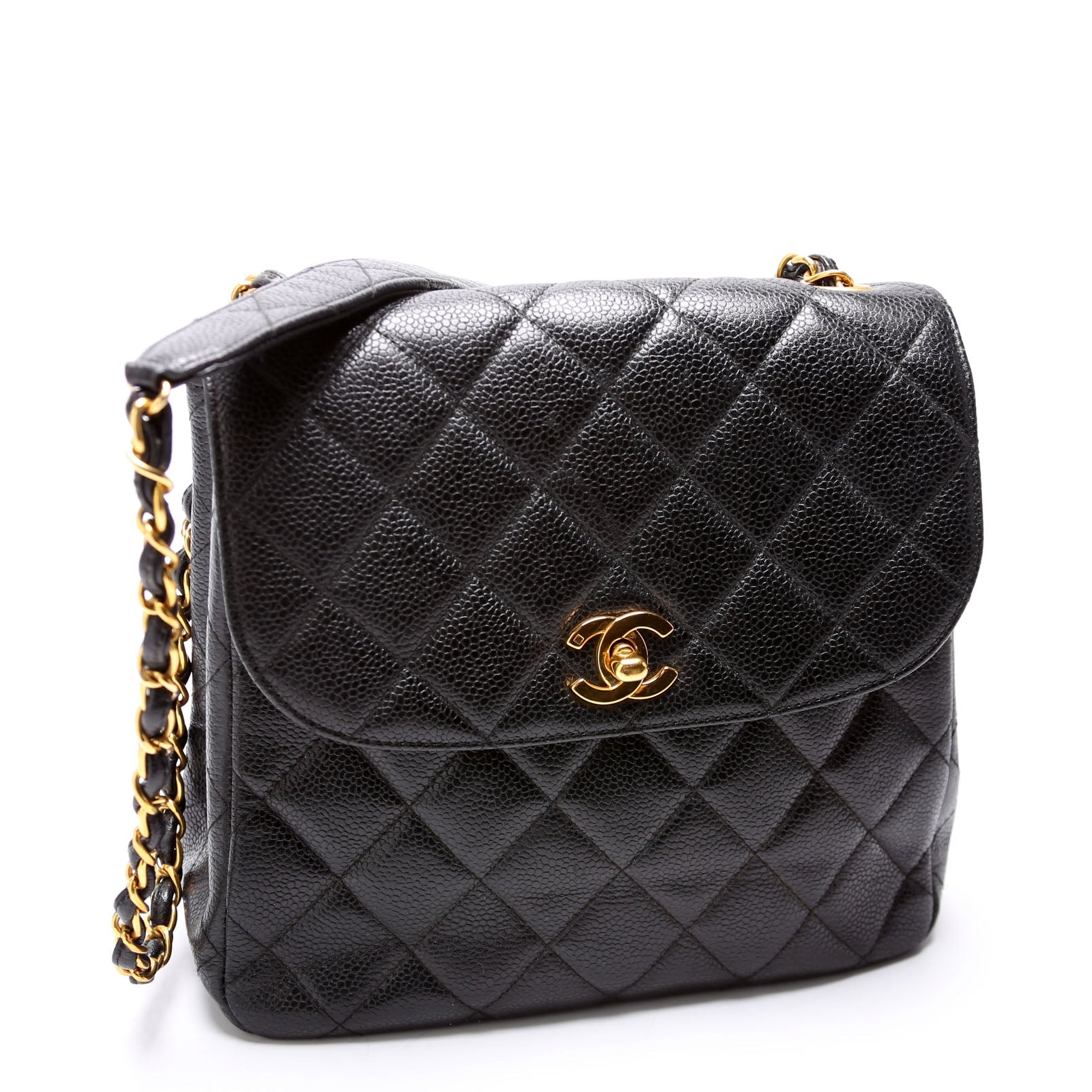 CC Square Flap Shoulder Bag Quilted Caviar Vintage 4M Black