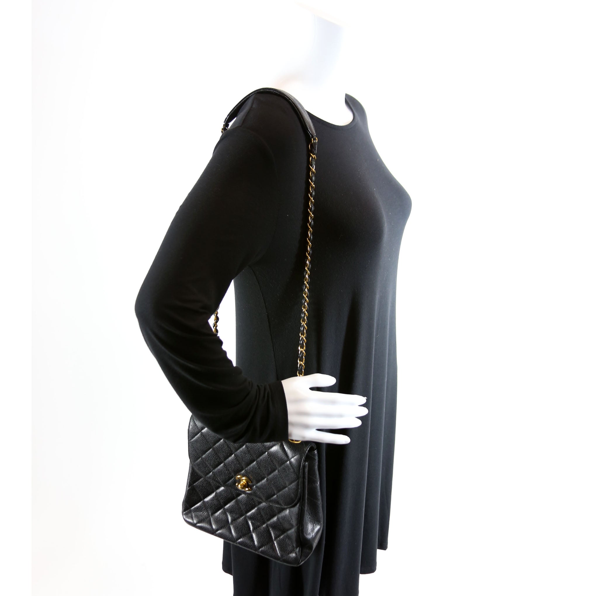 CC Square Flap Shoulder Bag Quilted Caviar Vintage 4M Black
