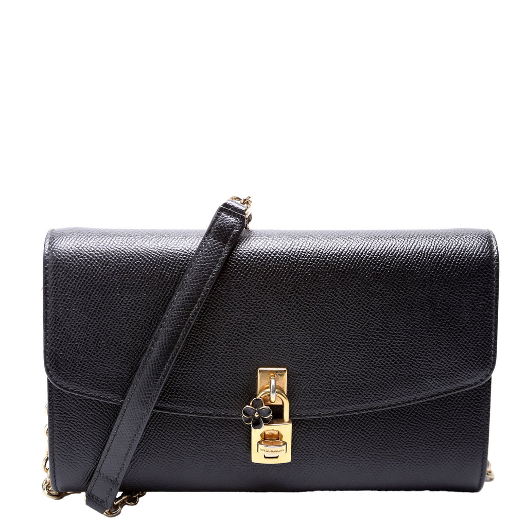 Flower Padlock Crossbody Leather Black