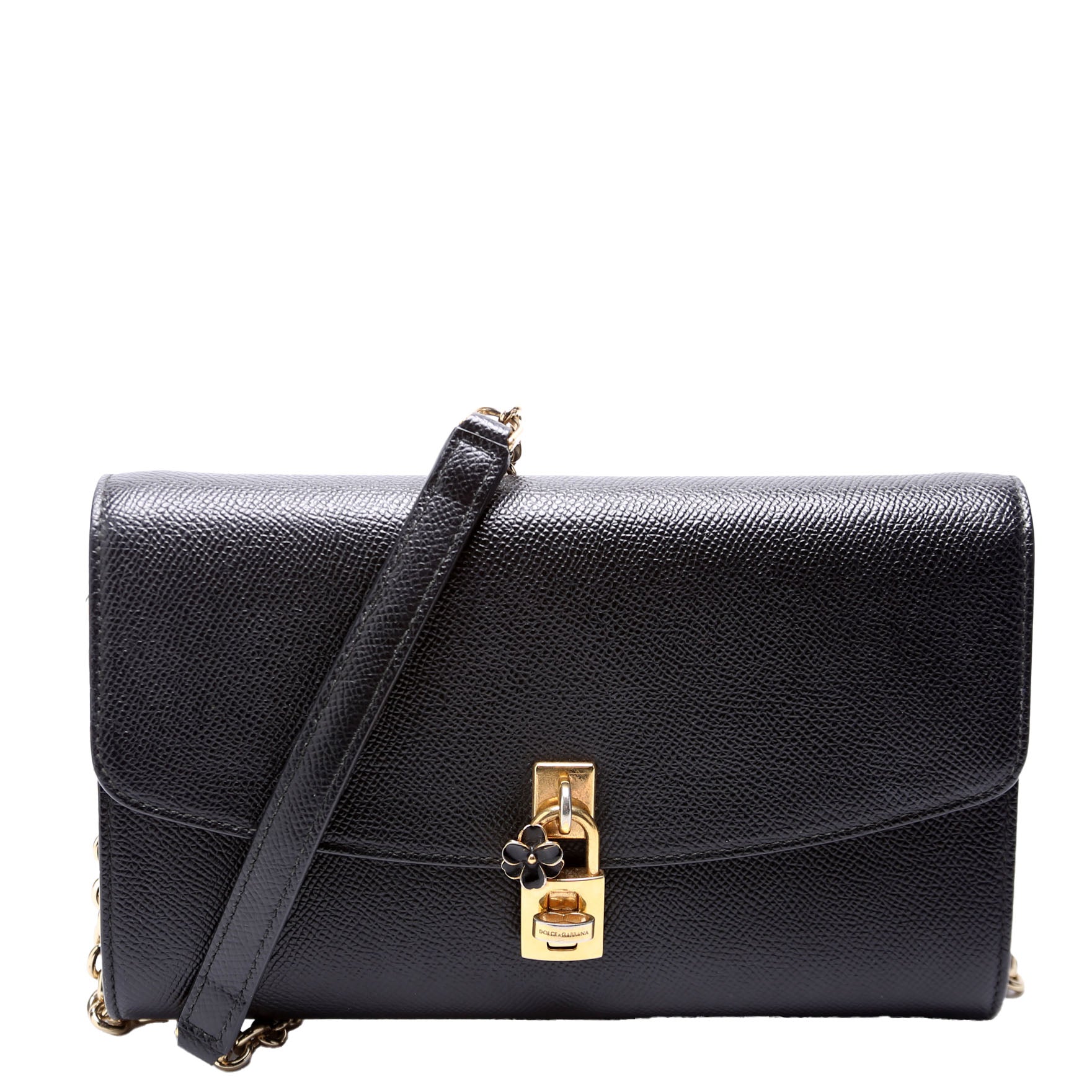 Flower Padlock Crossbody Leather Black