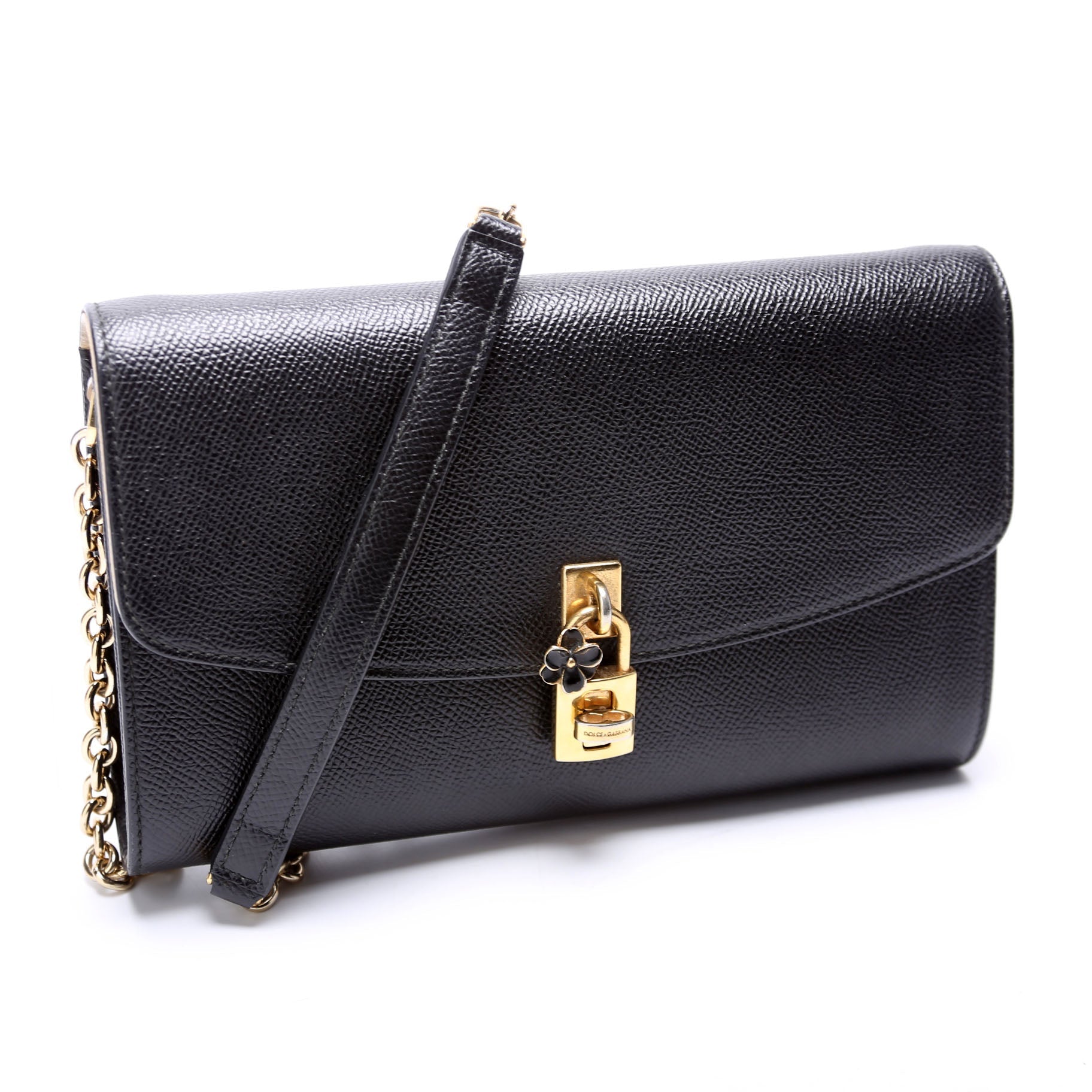 Flower Padlock Crossbody Leather Black