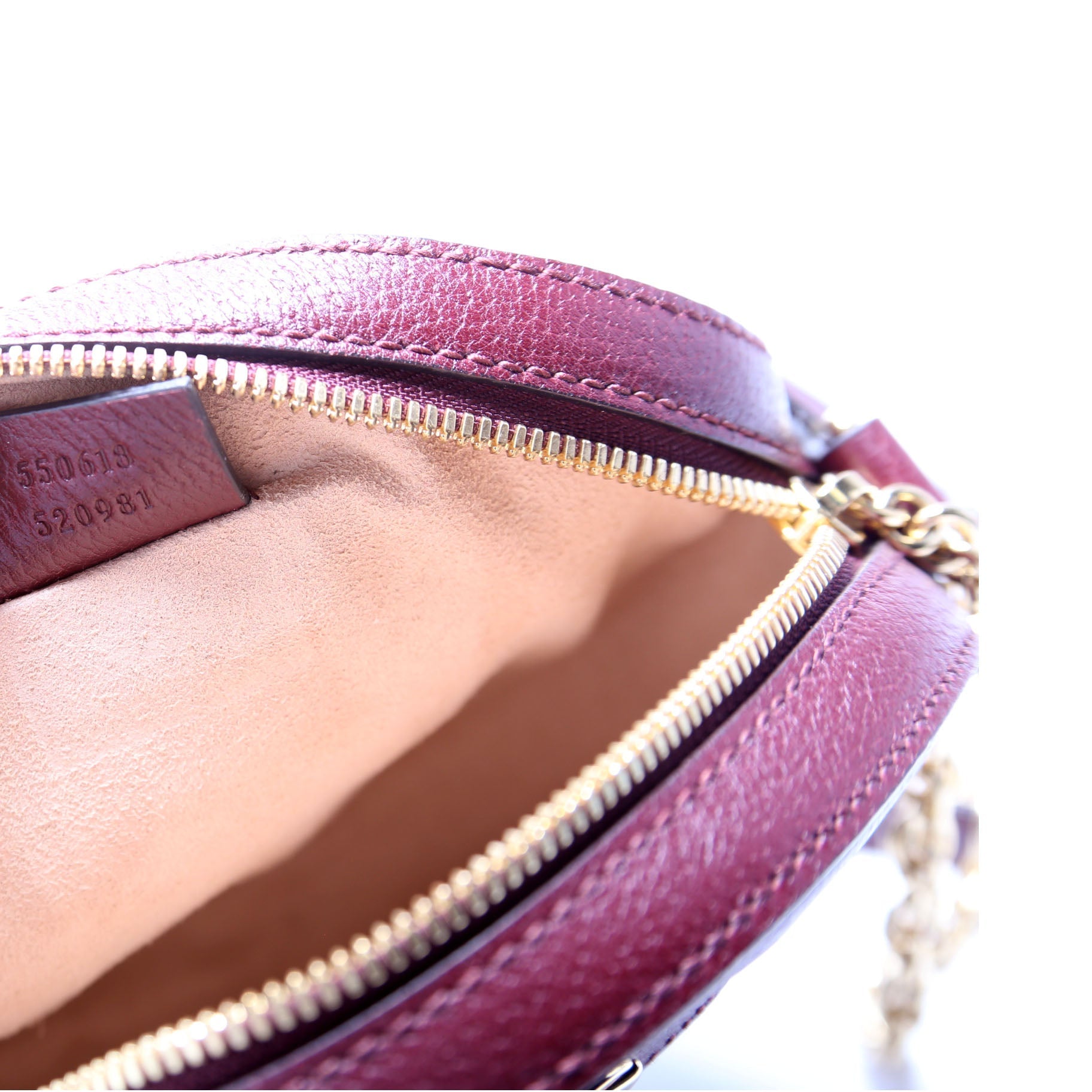 550618 Ophidia Leather Round Small Crossbody Burgundy