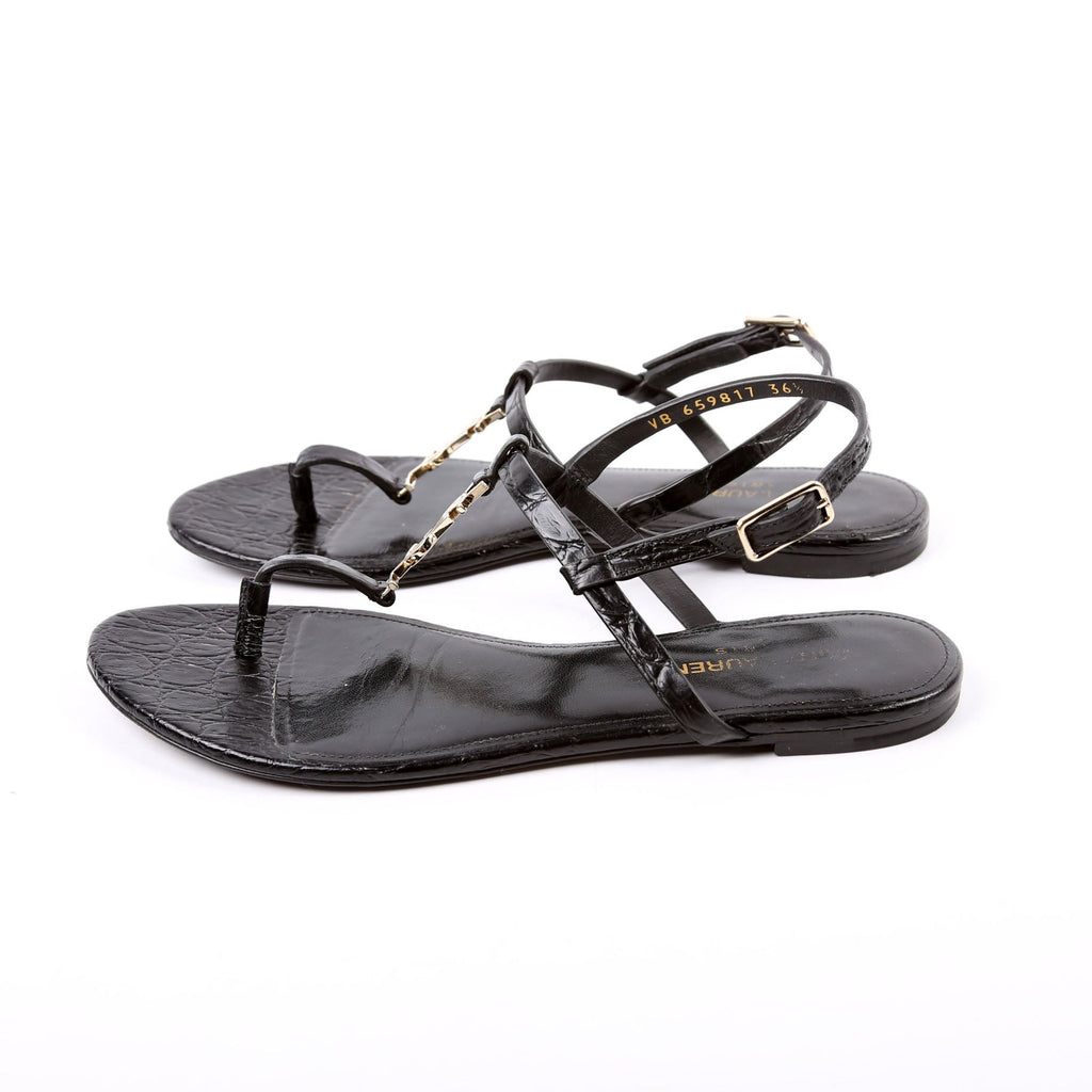 Cassandra T-Strap Sandals Crocodile Embossed Size 36.5 Black