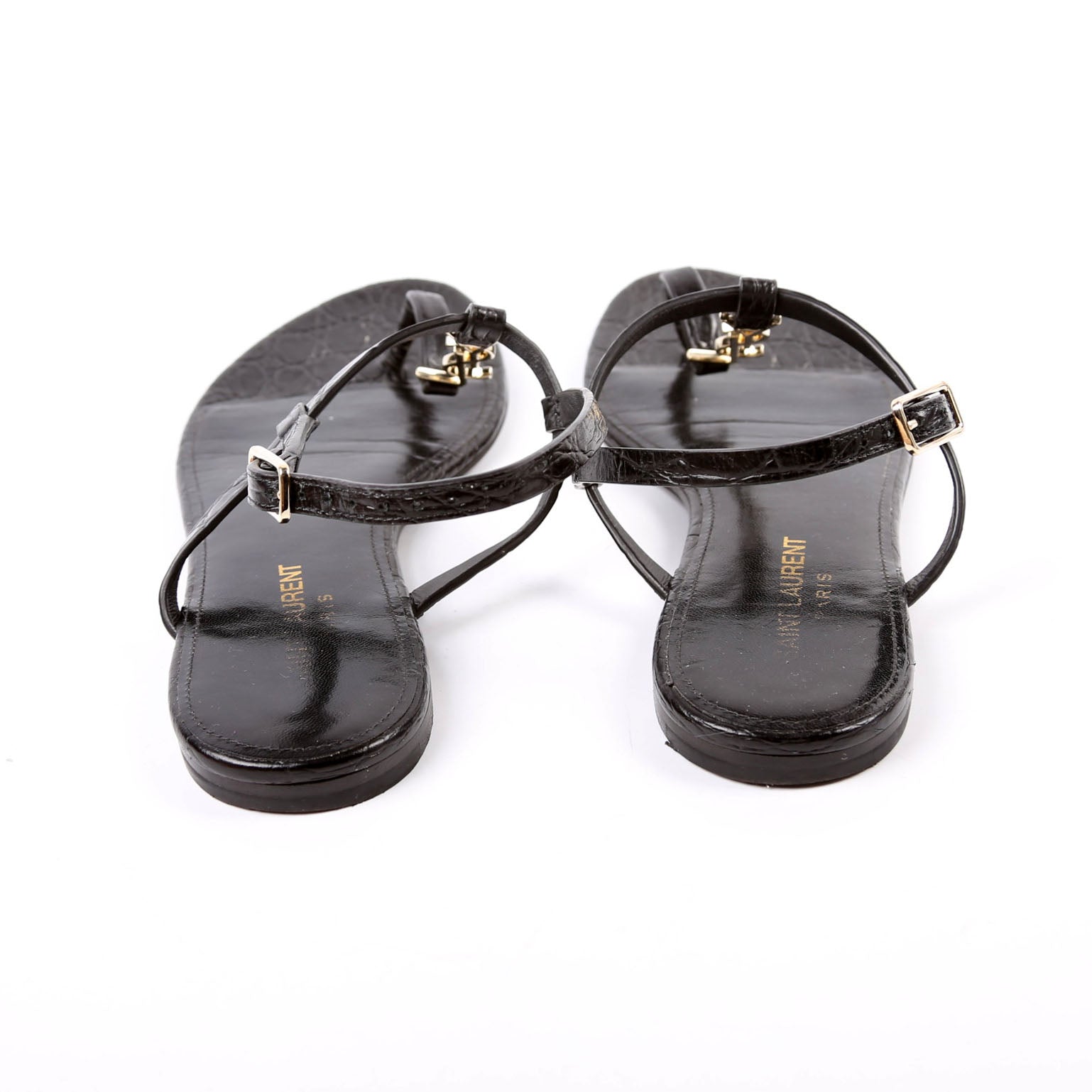 Cassandra T-Strap Sandals Crocodile Embossed Size 36.5 Black