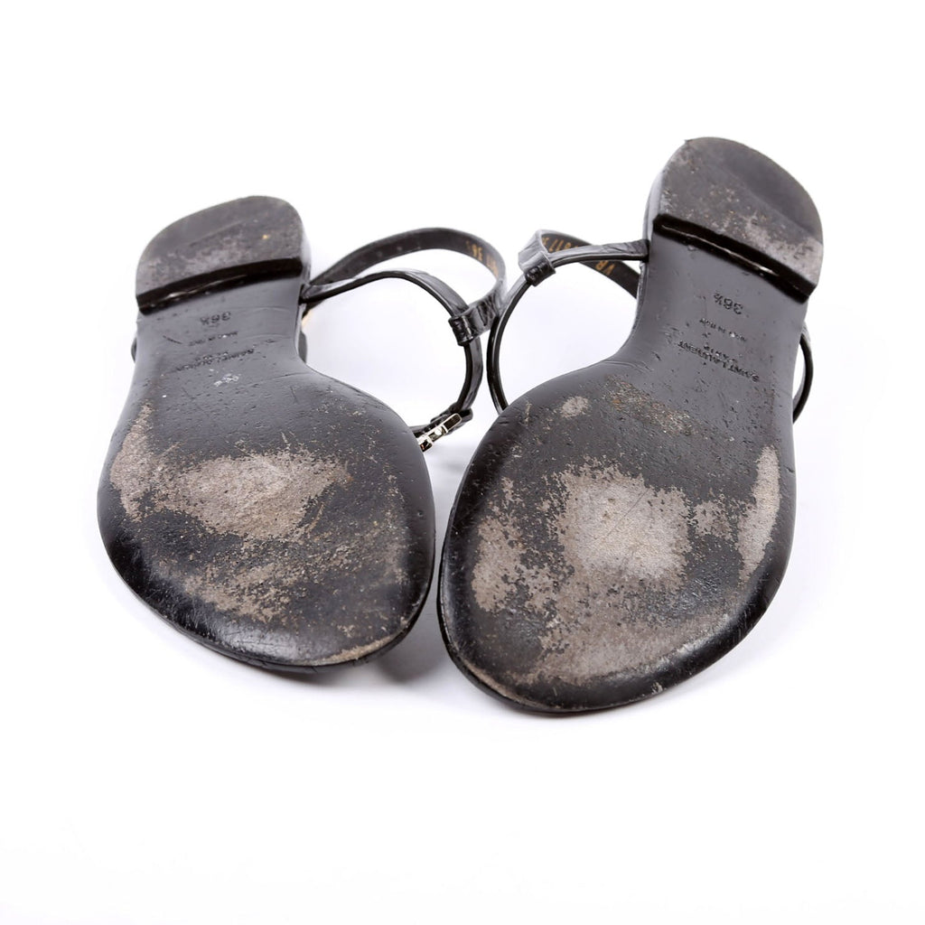 Cassandra T-Strap Sandals Crocodile Embossed Size 36.5 Black