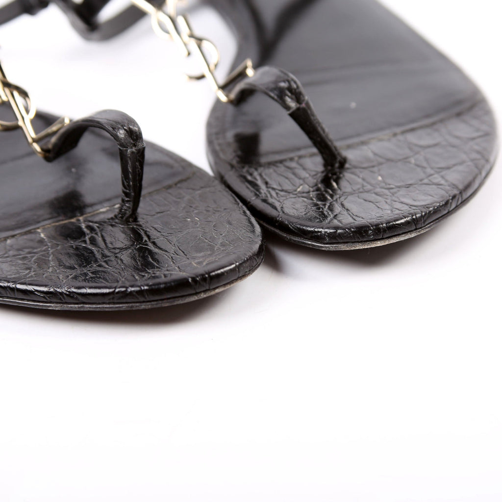 Cassandra T-Strap Sandals Crocodile Embossed Size 36.5 Black