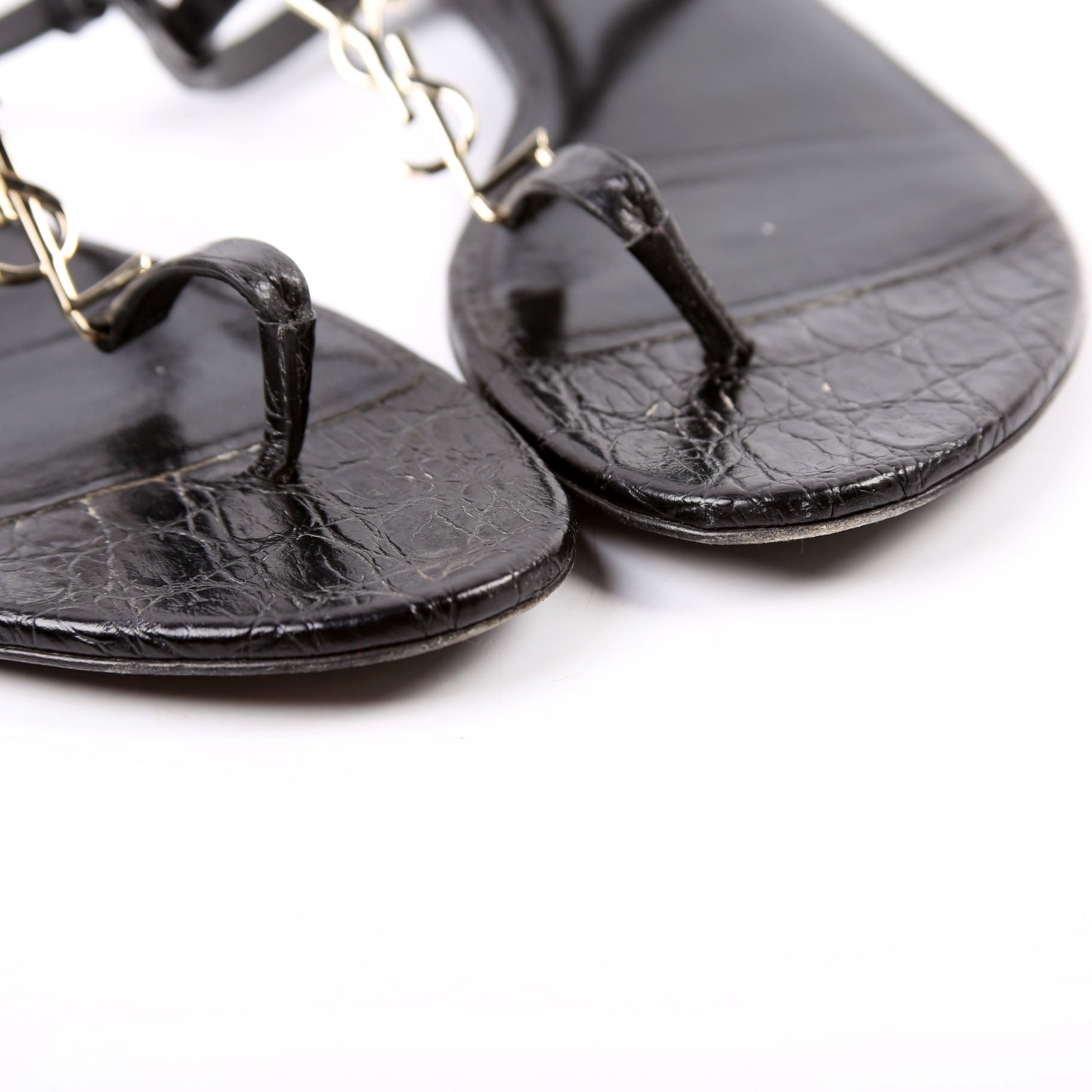Cassandra T-Strap Sandals Crocodile Embossed Size 36.5 Black