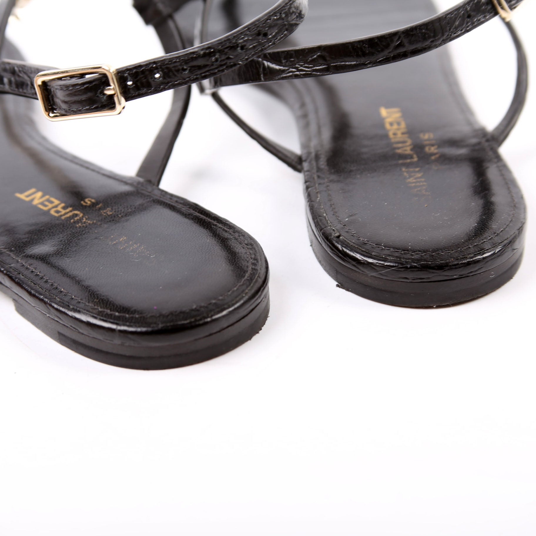 Cassandra T-Strap Sandals Crocodile Embossed Size 36.5 Black