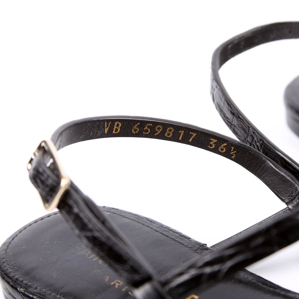 Cassandra T-Strap Sandals Crocodile Embossed Size 36.5 Black