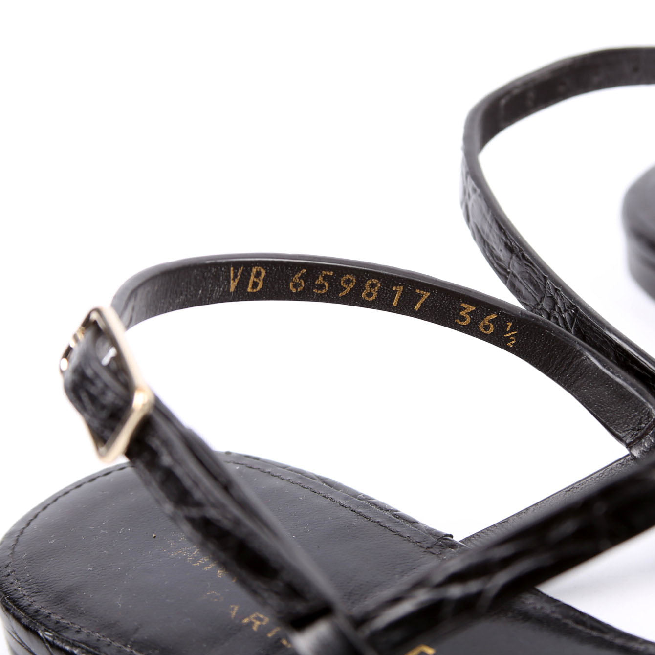 Cassandra T-Strap Sandals Crocodile Embossed Size 36.5 Black
