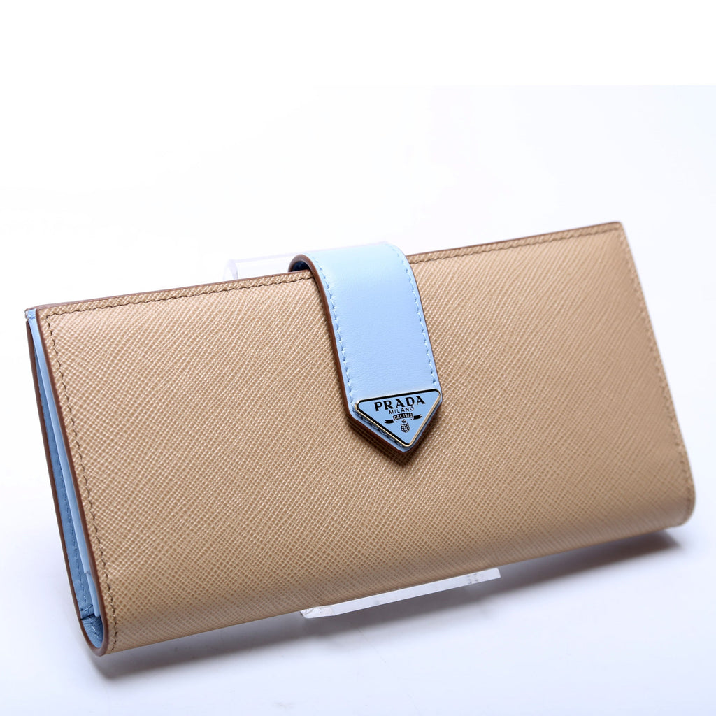Saffiano Triangle Logo Large Wallet Tan/Blue