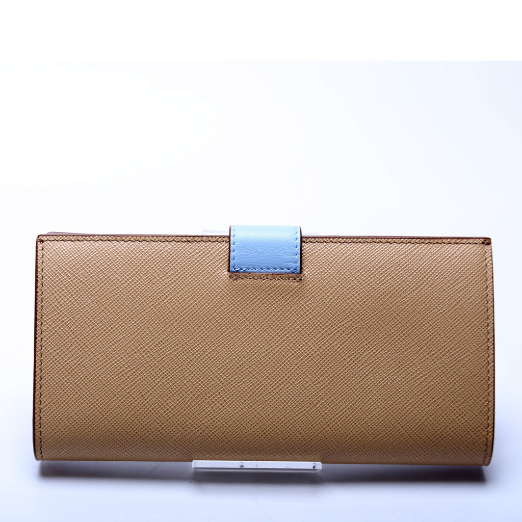 Saffiano Triangle Logo Large Wallet Tan/Blue