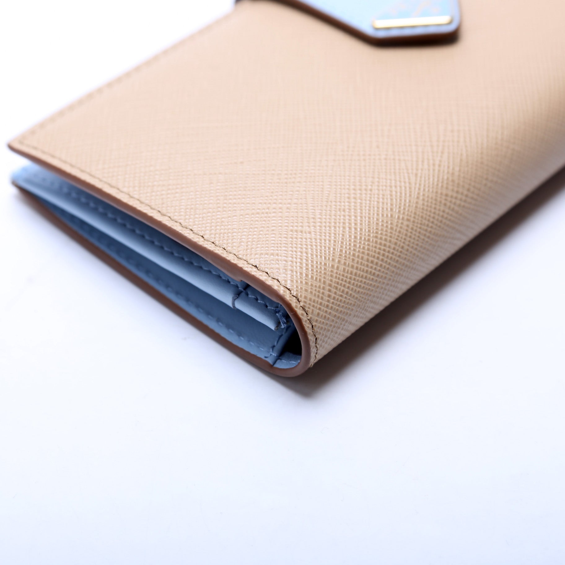 Saffiano Triangle Logo Large Wallet Tan/Blue