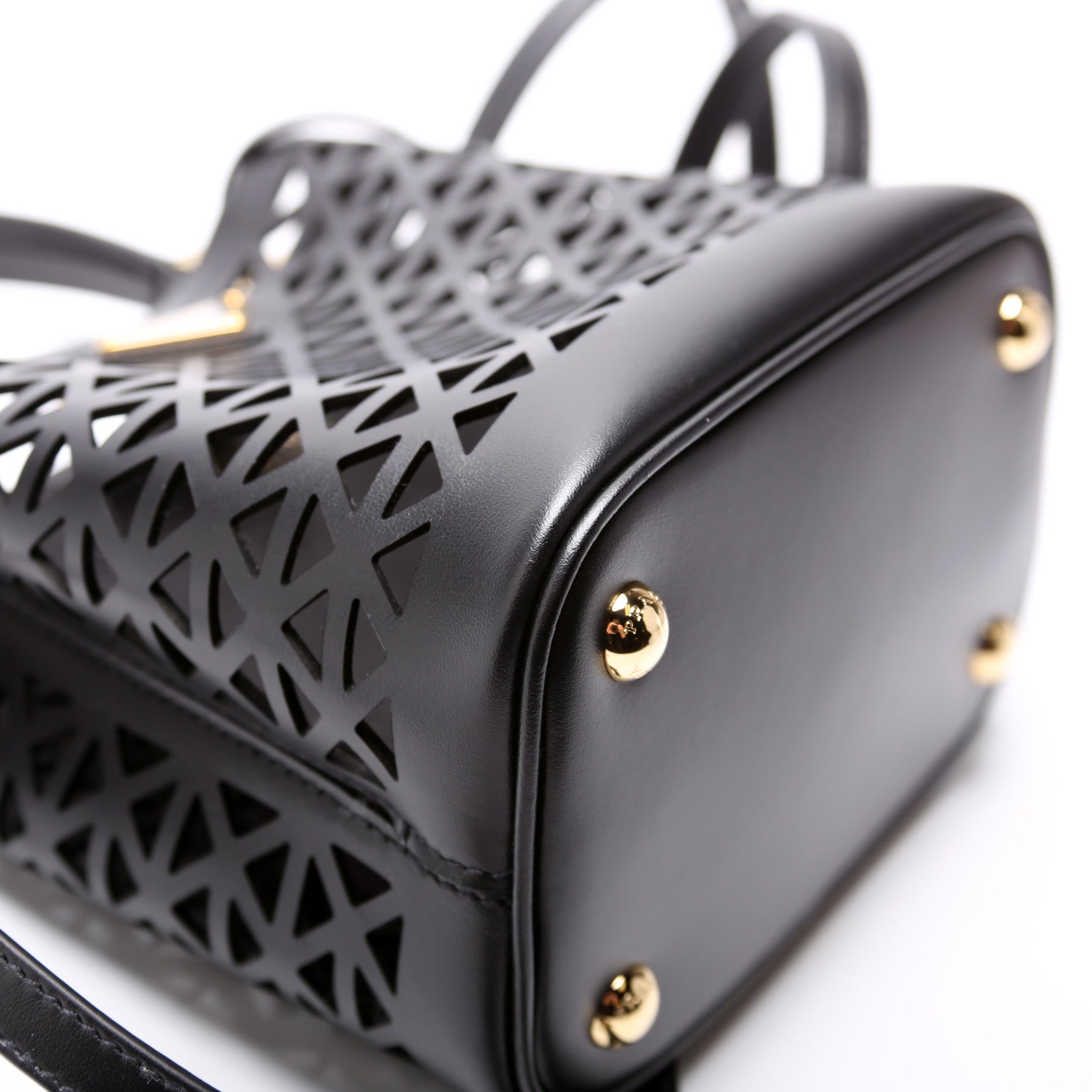 1BA217 Cut-Out Motif Leather Mini Panier Bag Black