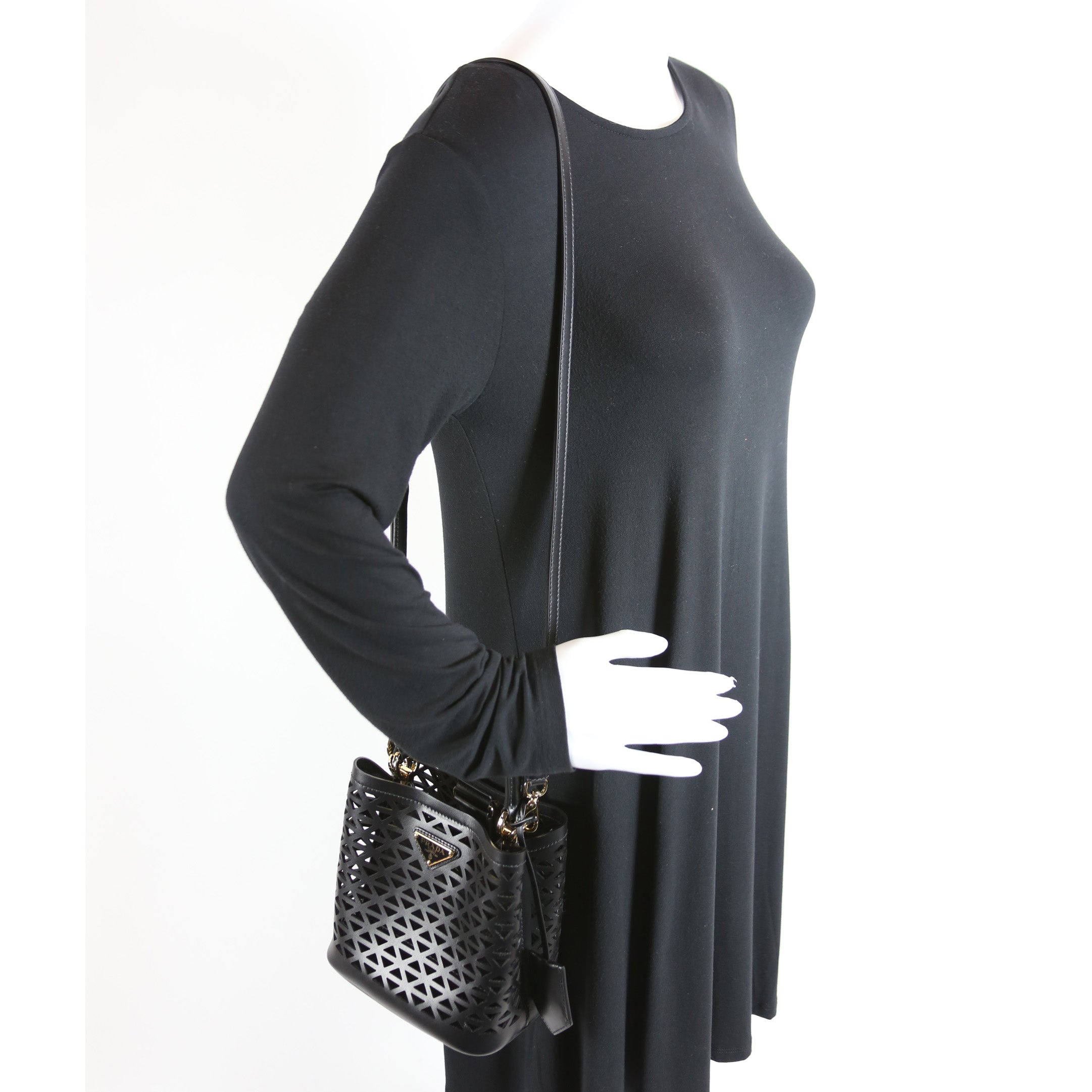 1BA217 Cut-Out Motif Leather Mini Panier Bag Black