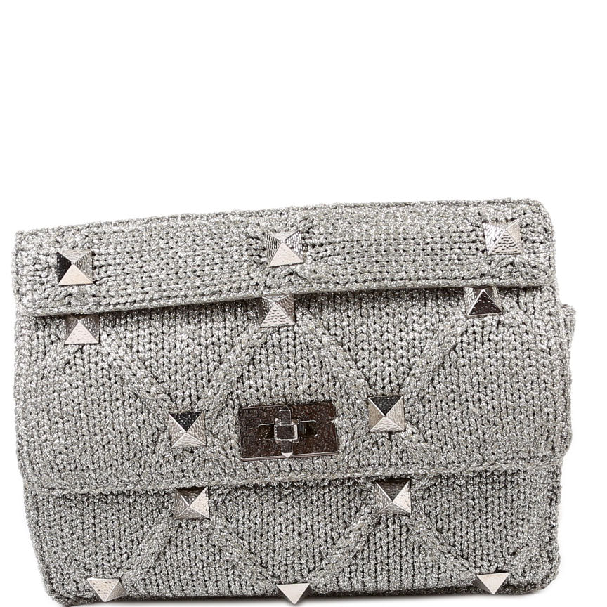Roman Stud Knitted Large Shoulder Bag Silver