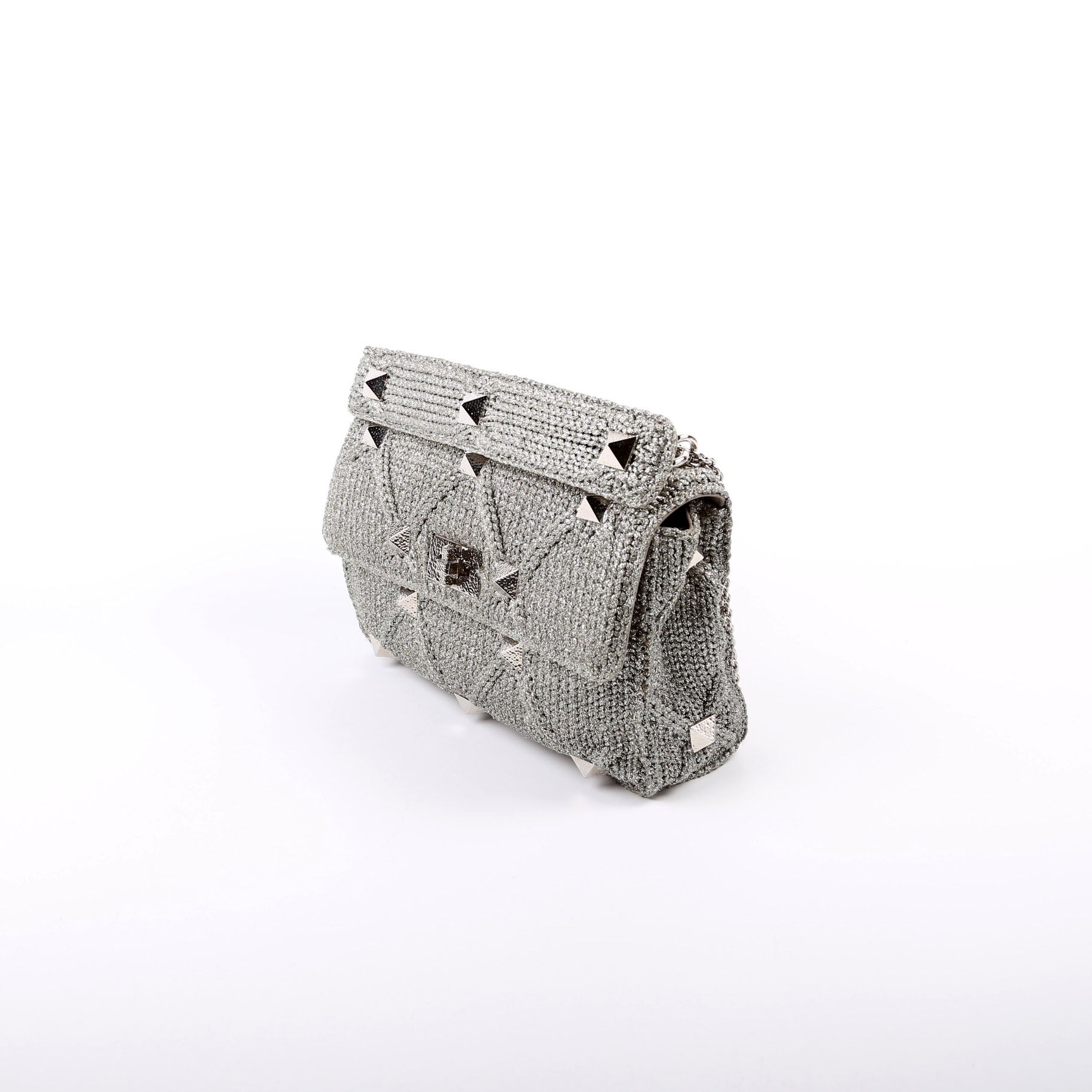 Roman Stud Knitted Large Shoulder Bag Silver