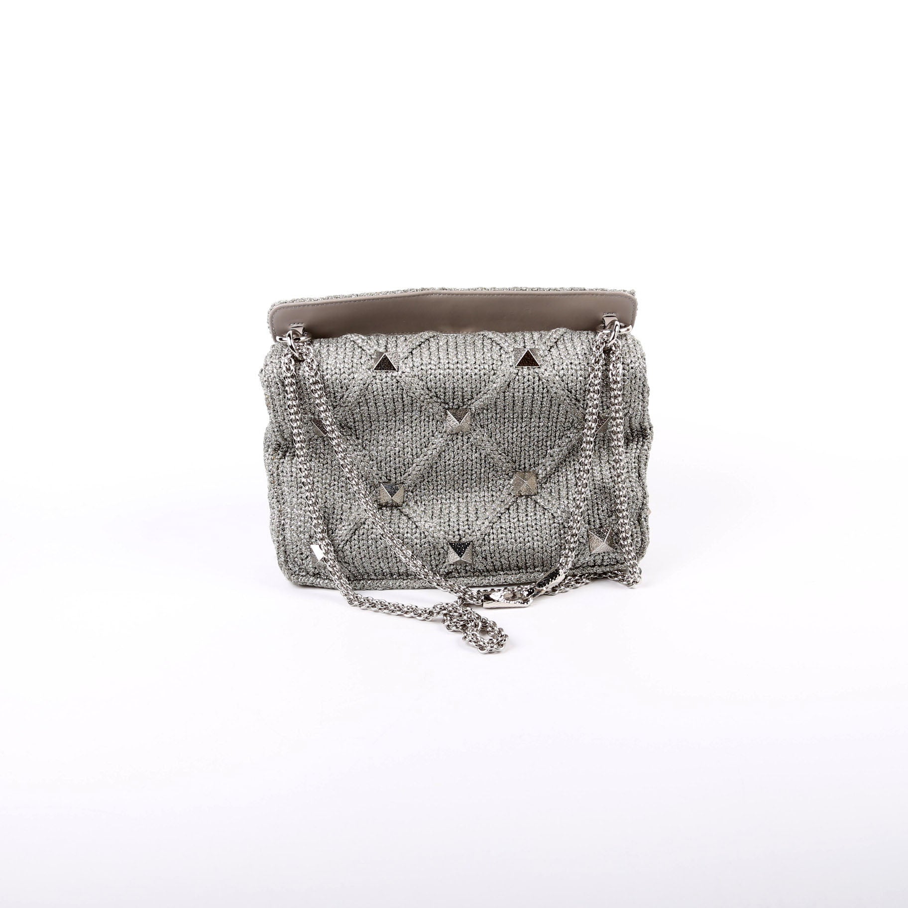Roman Stud Knitted Large Shoulder Bag Silver