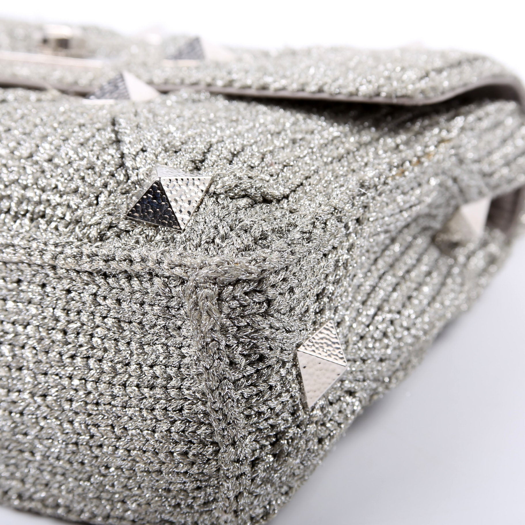 Roman Stud Knitted Large Shoulder Bag Silver