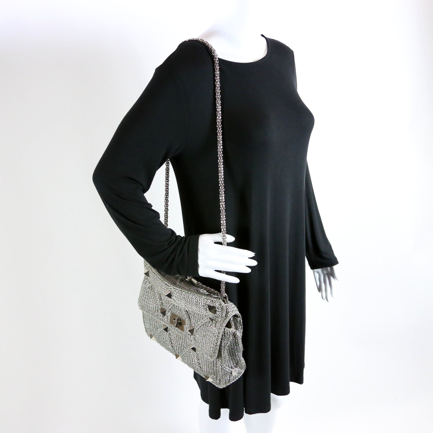 Roman Stud Knitted Large Shoulder Bag Silver