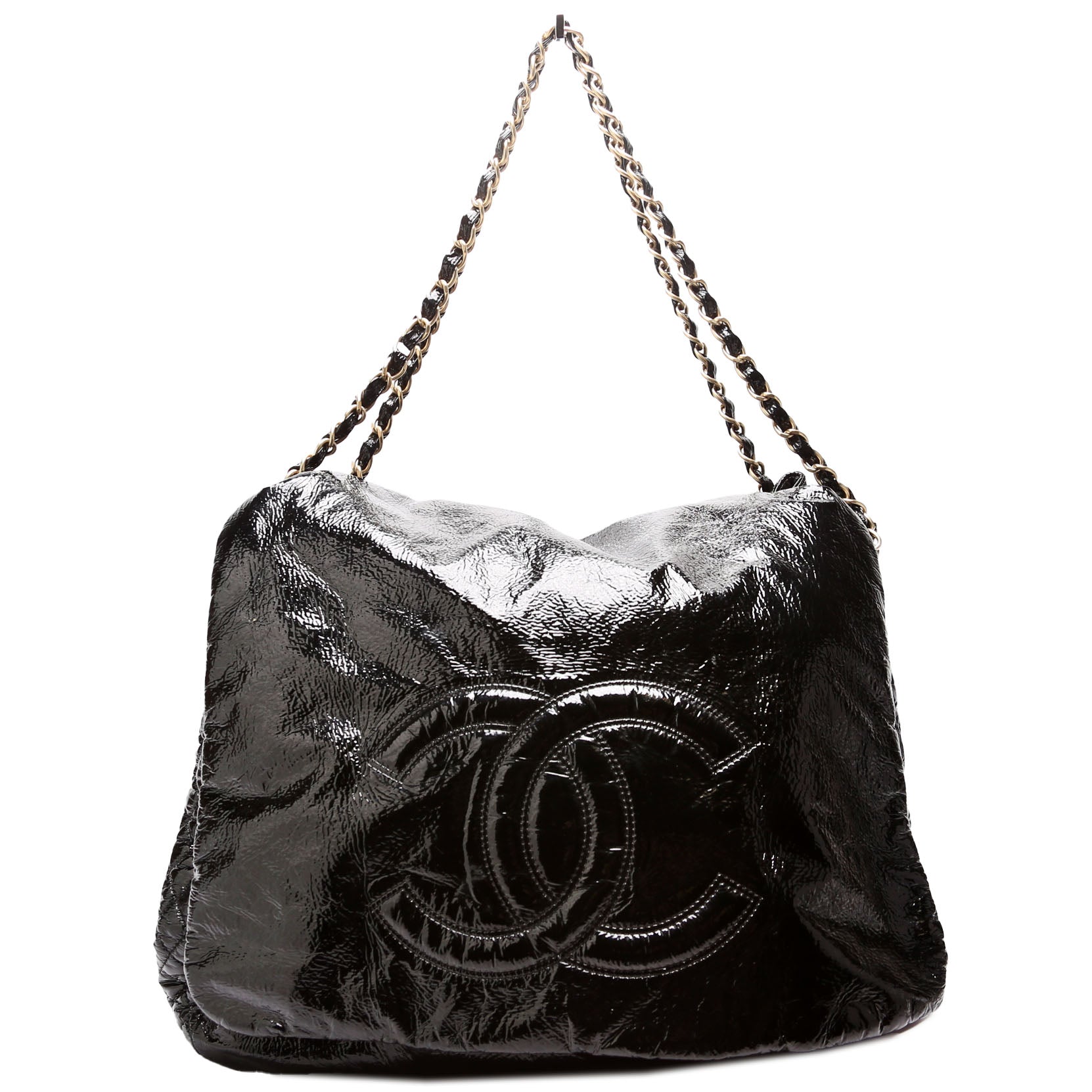 Rock & Chain Flap Accordion Bag Crinkled Patent 11M Black