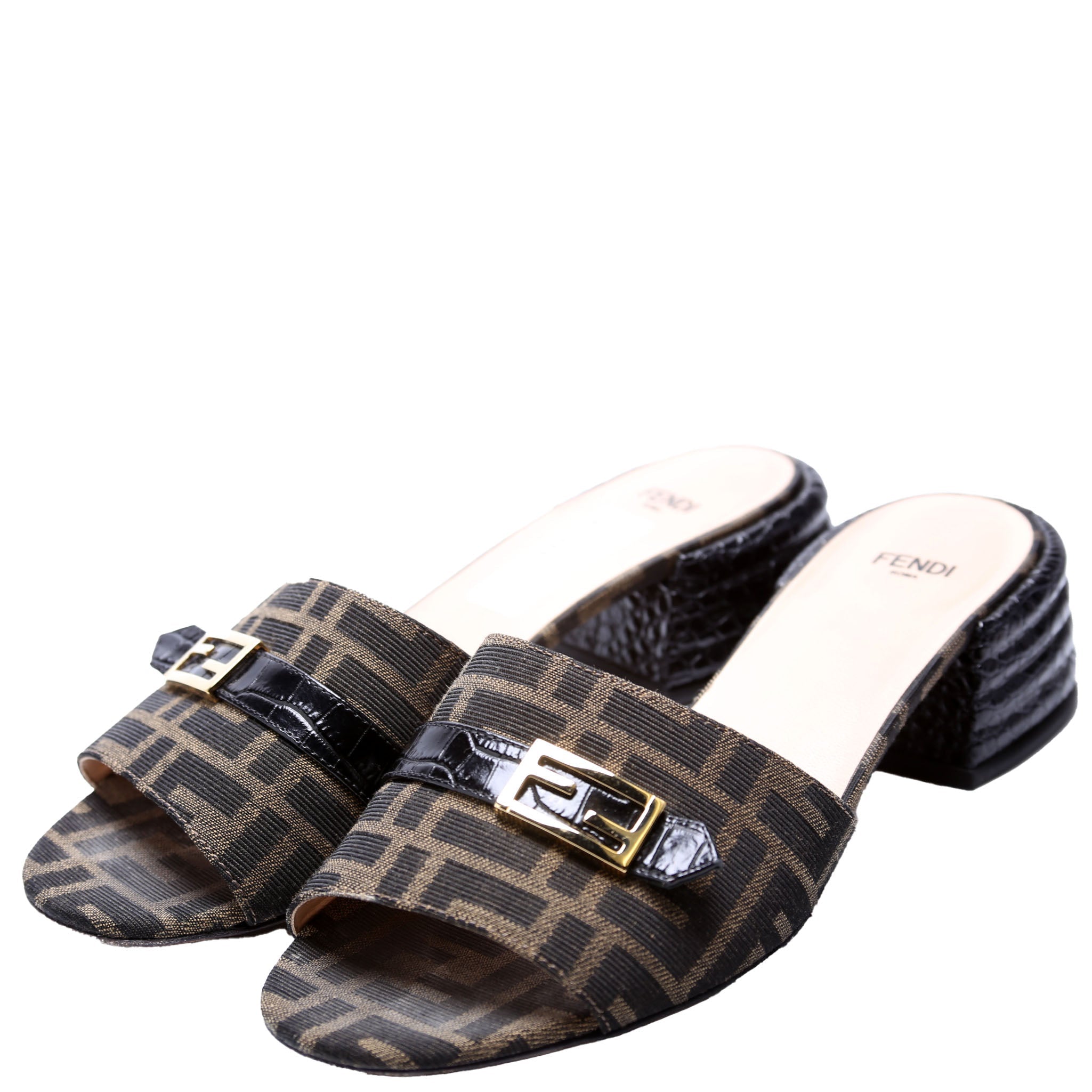 Fendi Promenade FF Zucca Mules Size 39 Brown