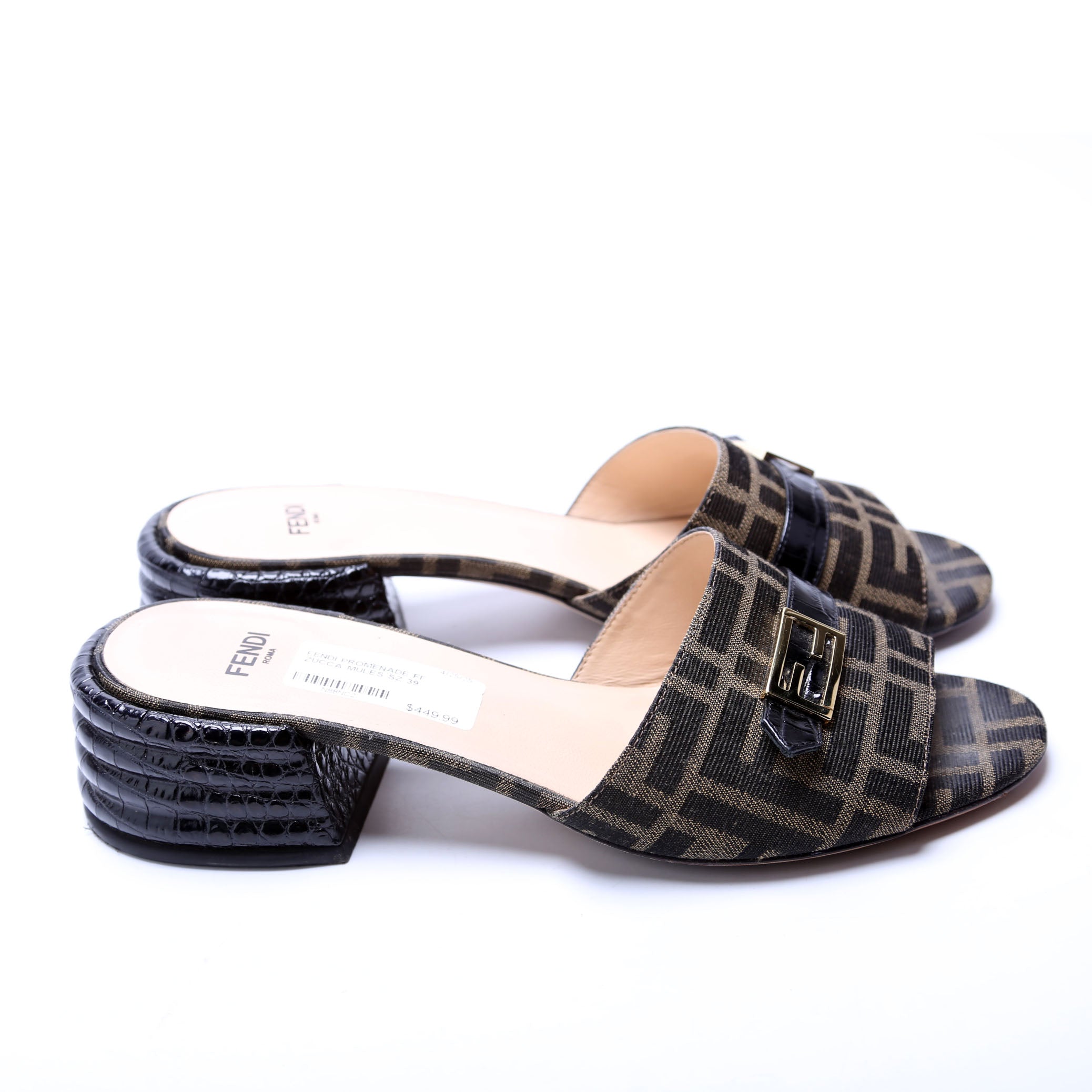 Fendi Promenade FF Zucca Mules Size 39 Brown